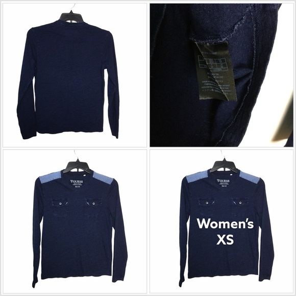 Women’s Guess XS 0 - 2 V-Neck Long Sleeve Shirt Top Navy Chest Pockets - Picture 1 of 6